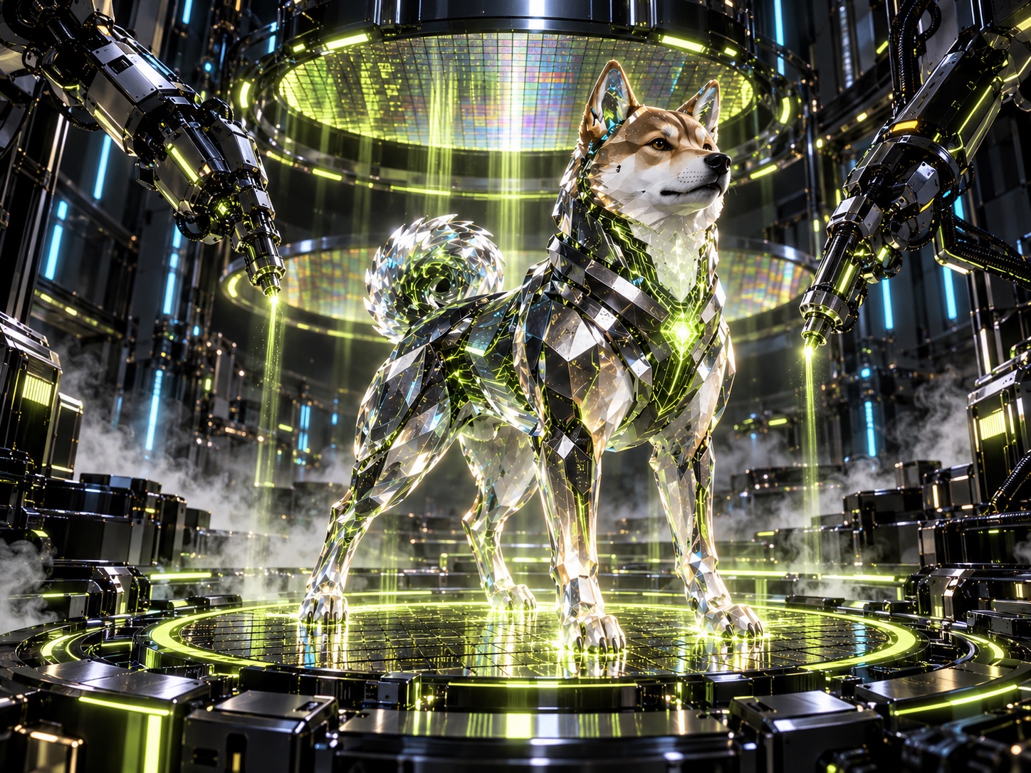 Silicon Inu emerging inside a futuristic semiconductor foundry